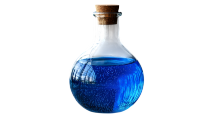 Laboratory glass flask filled with blue liquid, scientific research concept, isolated on white background