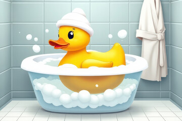 Stylish Duck in Modern Tub: Minimalist Vector Design with Shower Cap & Soap Bubbles