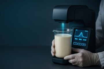 Dairy analysis process with equipment displaying results in laboratory setting