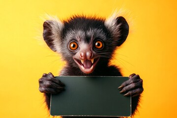 Cute baby animal aye hold in front paws a prototype - large green zoo sign. Isolated baby animal on a solid uniform bright orange background. Friendly animal pose. Critter holding message.