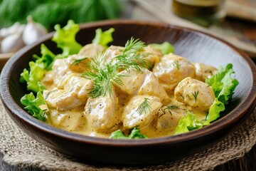Herring fillets in mustard sauce with dill and lettuce on a wooden surface