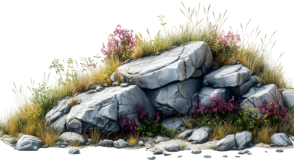 Landscape with scattered rocks and grassy patches, stylized terrain isolated on white background