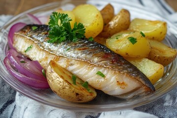 Herring fillets with roasted potatoes and pickled onions on a glass dish