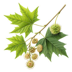American sycamore branch with leaves and fruits
