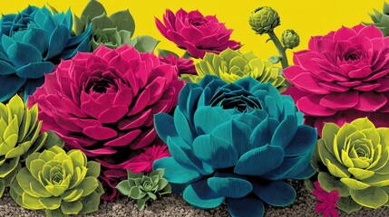 Fototapeta premium Colorful pop-art style rendering of succulents with vibrant hues and flat graphic design