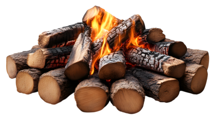 Large burning bonfire with wood logs, isolated on white background