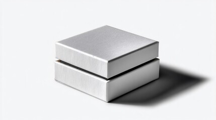 Silver square box, subtly textured, sits on white background, casting a shadow