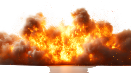 Large fire explosion with glowing embers, cinematic blast effect isolated on white background