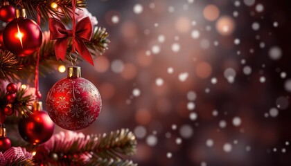 Obraz premium Glowing Red Christmas Ornaments on a Decorated Tree with Soft Falling Snow