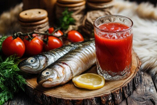 Herring with a creamy layer and tomato drink Russian food tradition