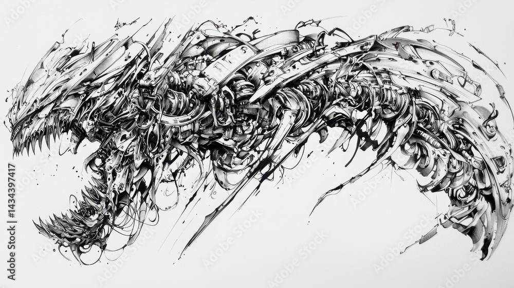 Poster dynamic abstract depiction of a dragon-like creature blending mechanical and organic elements
