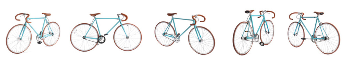 Set of bicycles on white background