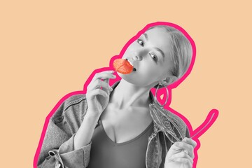 Beautiful fashionable woman with lollipop on beige background