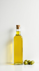 Olive oil bottle with olives for a ketogenic diet, set against white background with color overlay.