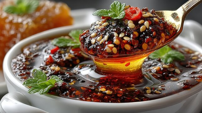 Spoon breaking through a rich chili crisp sauce revealing layers of flavor