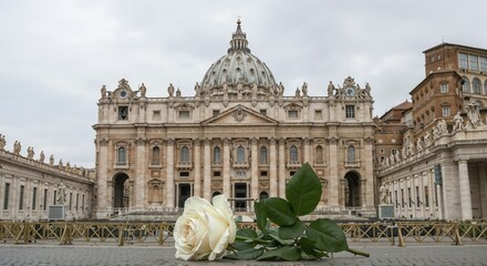 Obraz premium White rose honoring the deceased in front of St. Peter's Basilica 