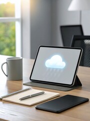 Holographic weather forecast displayed on a tablet at a modern desk in a bright room
