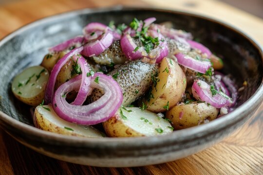 Homemade new potatoes with pickled herring and red onions people absent