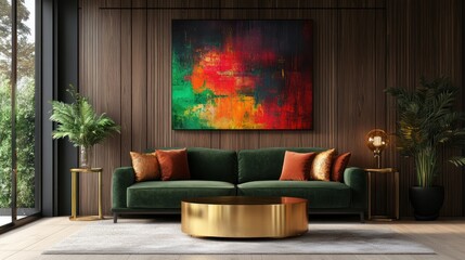 Abstract art above green sofa in modern living room