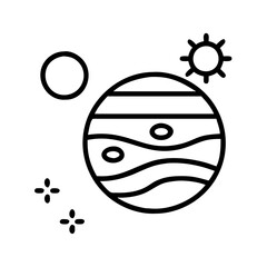 Jupiter planet illustration with moon sun and stars vector space exploration astronomy graphic design