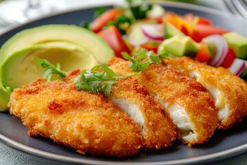 Image of delicious fried trout fillets on a plate with dog cockle avocado and veggies