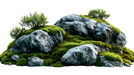 Large rocks with foliage and moss isolated on white background