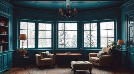 Comfortable Room with Armchairs and Snowy Winter View