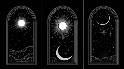 Celestial night scenes viewed through gothic arches; mystical, decorative art