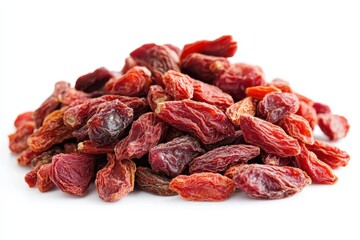 Isolated pile of dried goji berries on white background