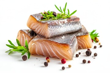 Isolated raw marinated herring fillets with herbs and spices on a white background