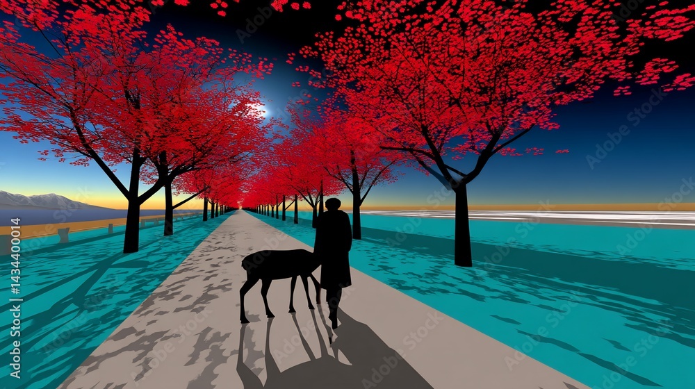 Poster silhouette figure with deer walks a path lined with red trees at dusk