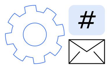 Gear, envelope icon, and metadata tag indicating teamwork, communication, automation, and technology. Ideal for concepts thumbs up strategy, coding, marketing networking tech systems and a simple