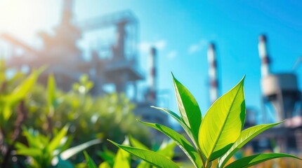 Fototapeta premium Green Leaves Growing Near an Industrial Site on a Sunny Day
