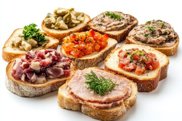 Isolated seafood spreads on bread including tuna pa ta terrine and chopped liver mousse canapes on a white backdrop