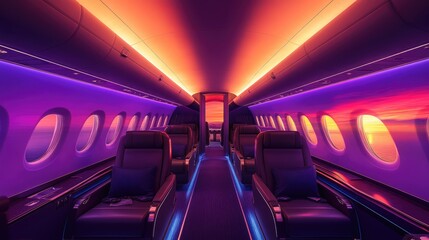 Airplane interior empty seats sunset view modern design luxurious travel