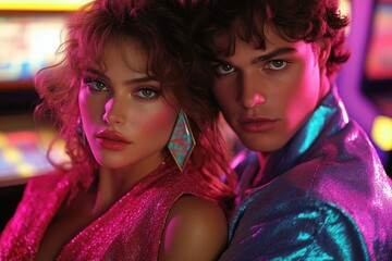Naklejka premium A young couple, stylishly dressed in 80s attire, pose intimately under vibrant neon lights.