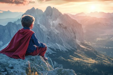 Fototapeta premium kid fantasizing about hero on a peak