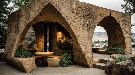 Unique outdoor reading nook blends stone and papercrete in a tranquil garden