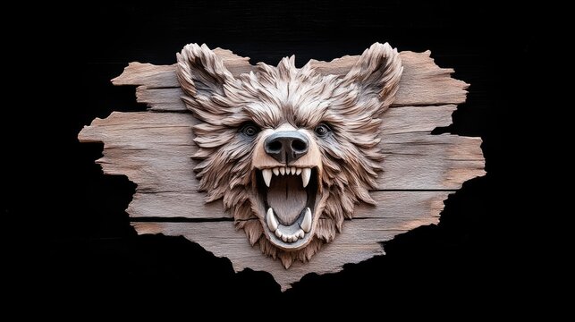 Angry bear head carved on weathered wooden planks