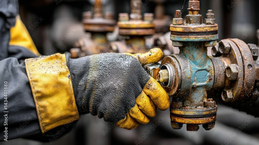 Poster worker adjusting rusty valve on pipeline