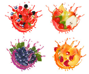 Set of fruits and berries in juice splashes. Grape, peach, cherry, blueberry, raspberry, strawberry, pear, banana, plum in juice drink splashing. Vector