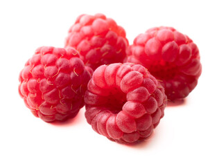 Raspberries isolated on white background. Closeup raspberry group.