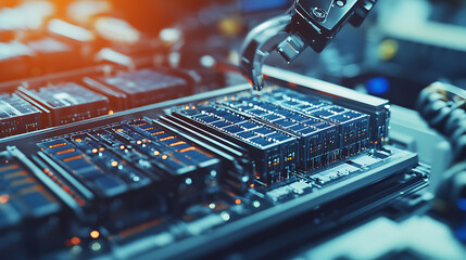 Mechanical arm assembling high performance batteries in an electric vehicle powertrain plant, organized cells and circuit boards visible, EV manufacturing style