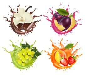 Set of fruits and berries in juice splashes. Grape, peach,  strawberry, plum, vanilla, chocolate, plum in juice drink splashing. Vector
