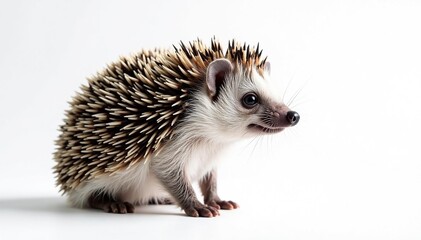 Obraz premium A single hedgehog, facing right, against a stark white backdrop, adorable, spines