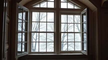Fototapeta premium Window View of Bare Trees in Winter Landscape