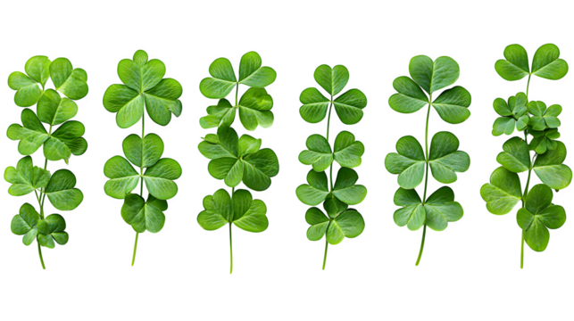 Lucky green clover and shamrock set, four-leaf symbol of luck isolated on white background