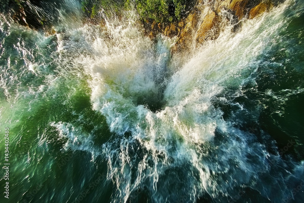 Poster a breathtaking splash of water creates a mesmerizing explosion of white foam against a deep green ba