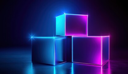 Three glowing cubes in blue and pink neon light on a dark reflective surface