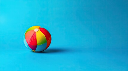A vibrant, colorful beach ball sits on a bright blue background.
